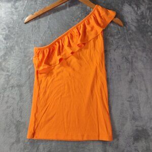 LOFT Women Ribbed One Shoulder Top XS Orange Ruffle Stretch Summer Resort Staple